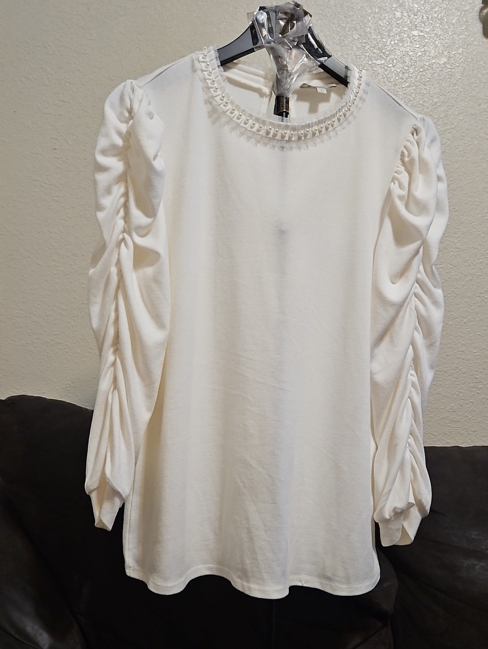 Chenault Cream Ruched Sleeve Top with Beaded Collar